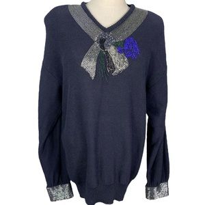 VINTAGE Bonnie Boerer Sweater Size M Navy Silver Embellished 80s Holiday knit